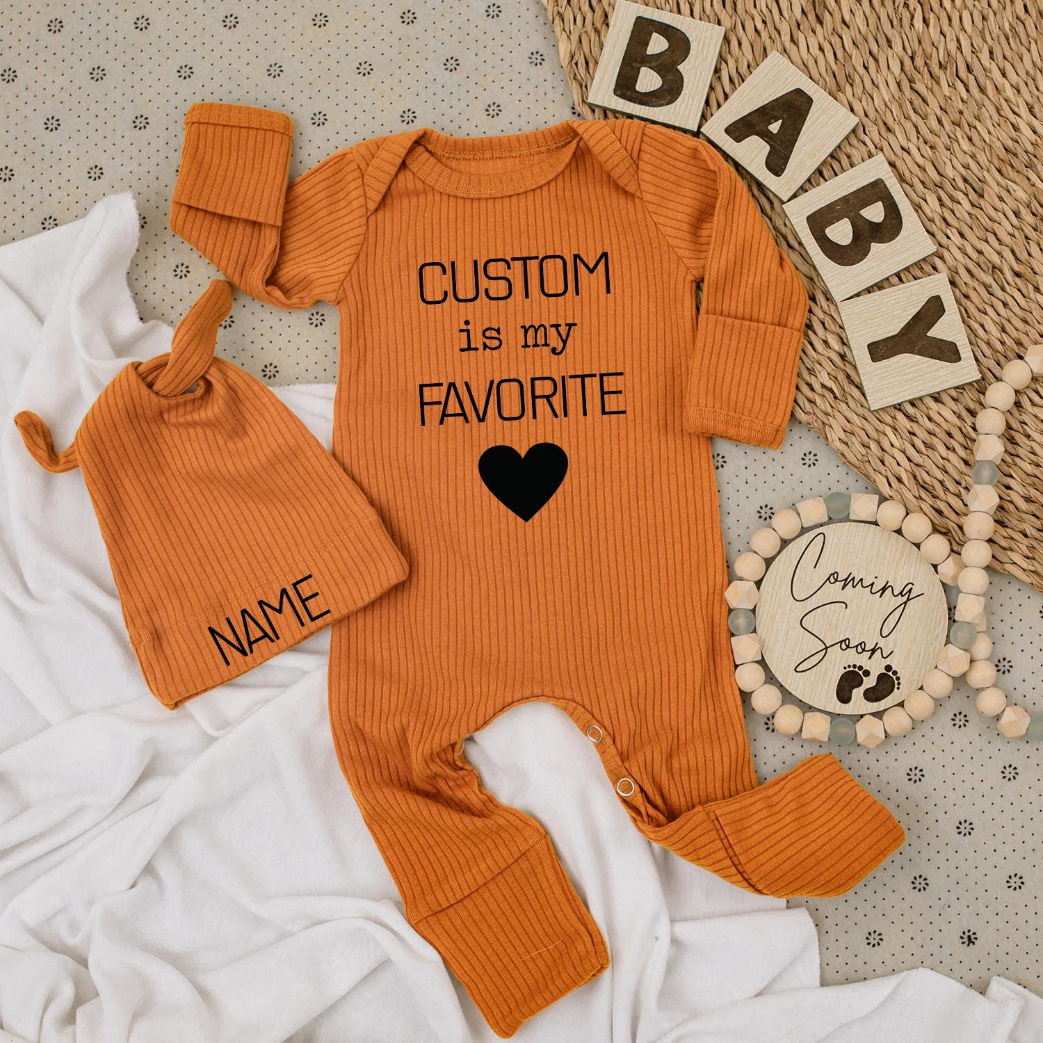 Custom is my FAVORITE Baby Bodysuit & Hat Set - Personalized Name Announcement Gift for New Baby Boy or Girl Romper