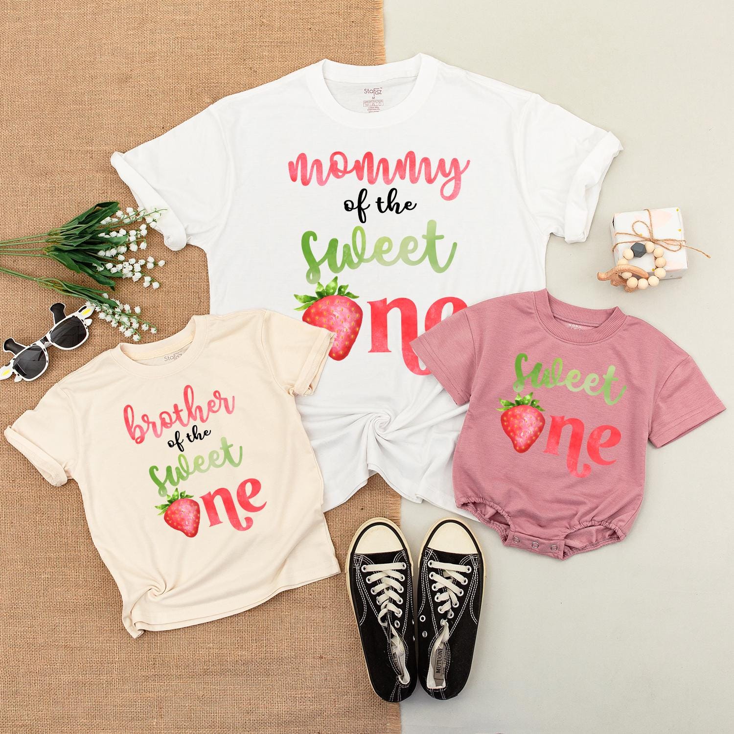 Family Matching Sweet Strawberry Birthday Shirts for First Birthday