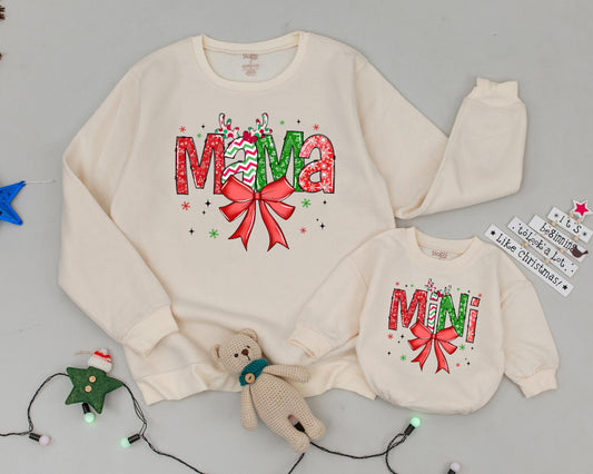 Matching Family Vintage Xmas Bow Sweater, Personalized Mommy & Me