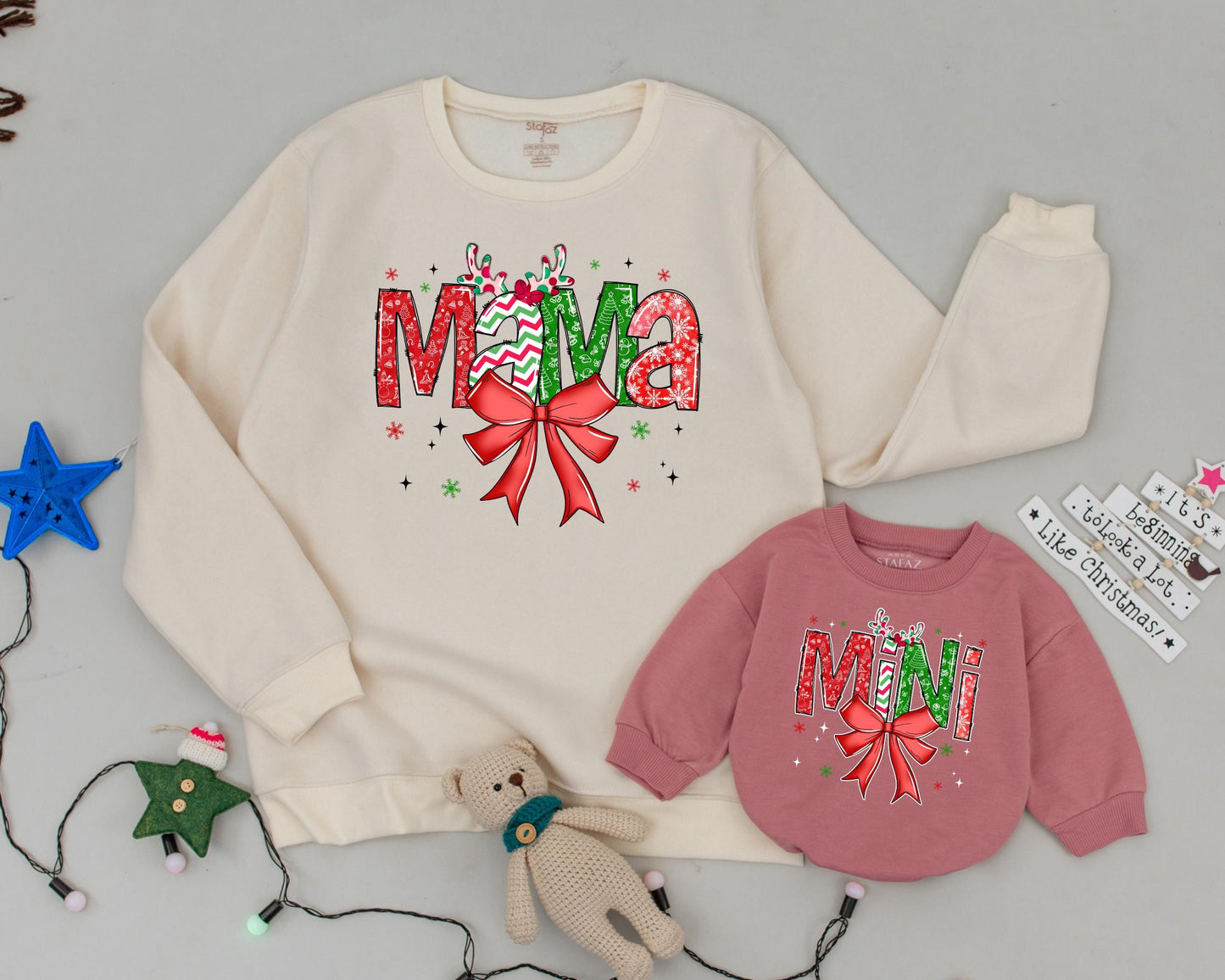 Matching Family Vintage Xmas Bow Sweater, Personalized Mommy & Me