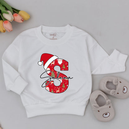 Personalized Baby's 1st Christmas Sweatshirt with Initial B & Santa Hat, Custom Name Bennett, Cute Holiday Outfit, New Baby Gift for Girls 137 chars
