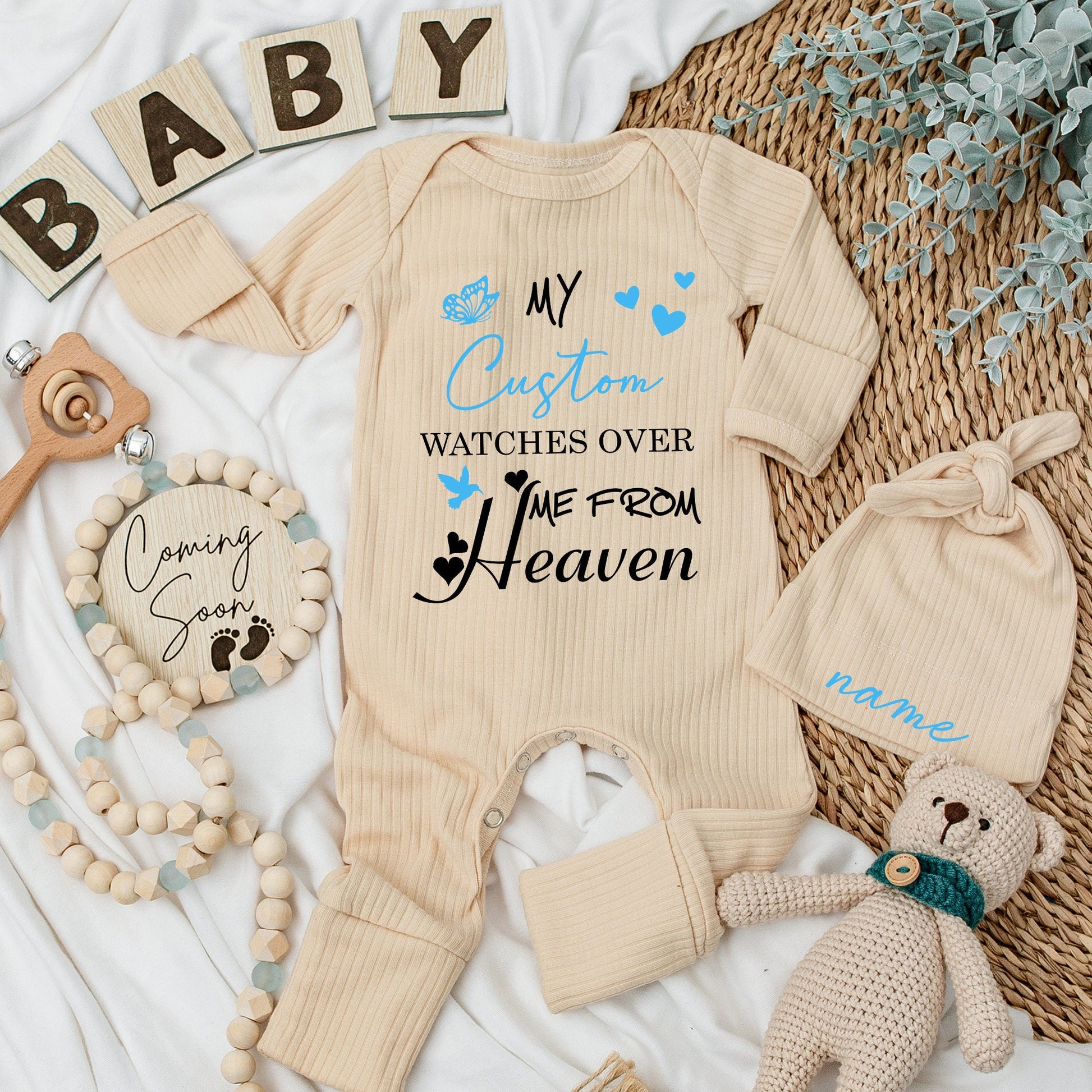 My Custom Name Watches Over Me From Heaven Baby Bodysuit Sweet Sentimental Blue Butterfly Heart Bird Design Newborn Outfit Pregnancy Announcement Gift