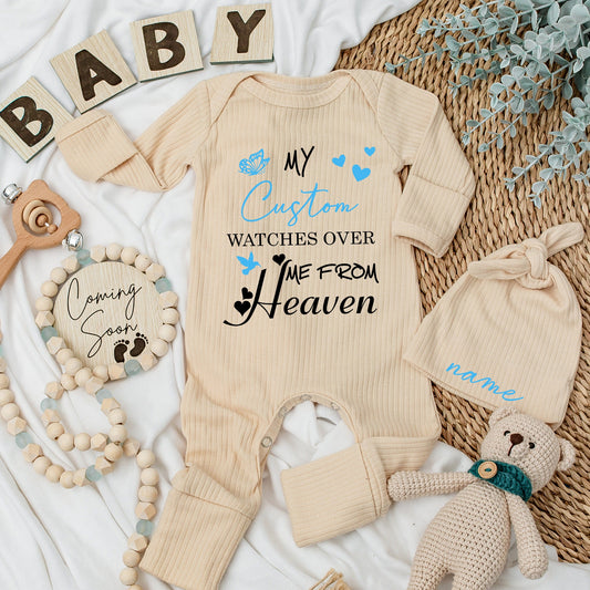 My Custom Name Watches Over Me From Heaven Baby Bodysuit Sweet Sentimental Blue Butterfly Heart Bird Design Newborn Outfit Pregnancy Announcement Gift