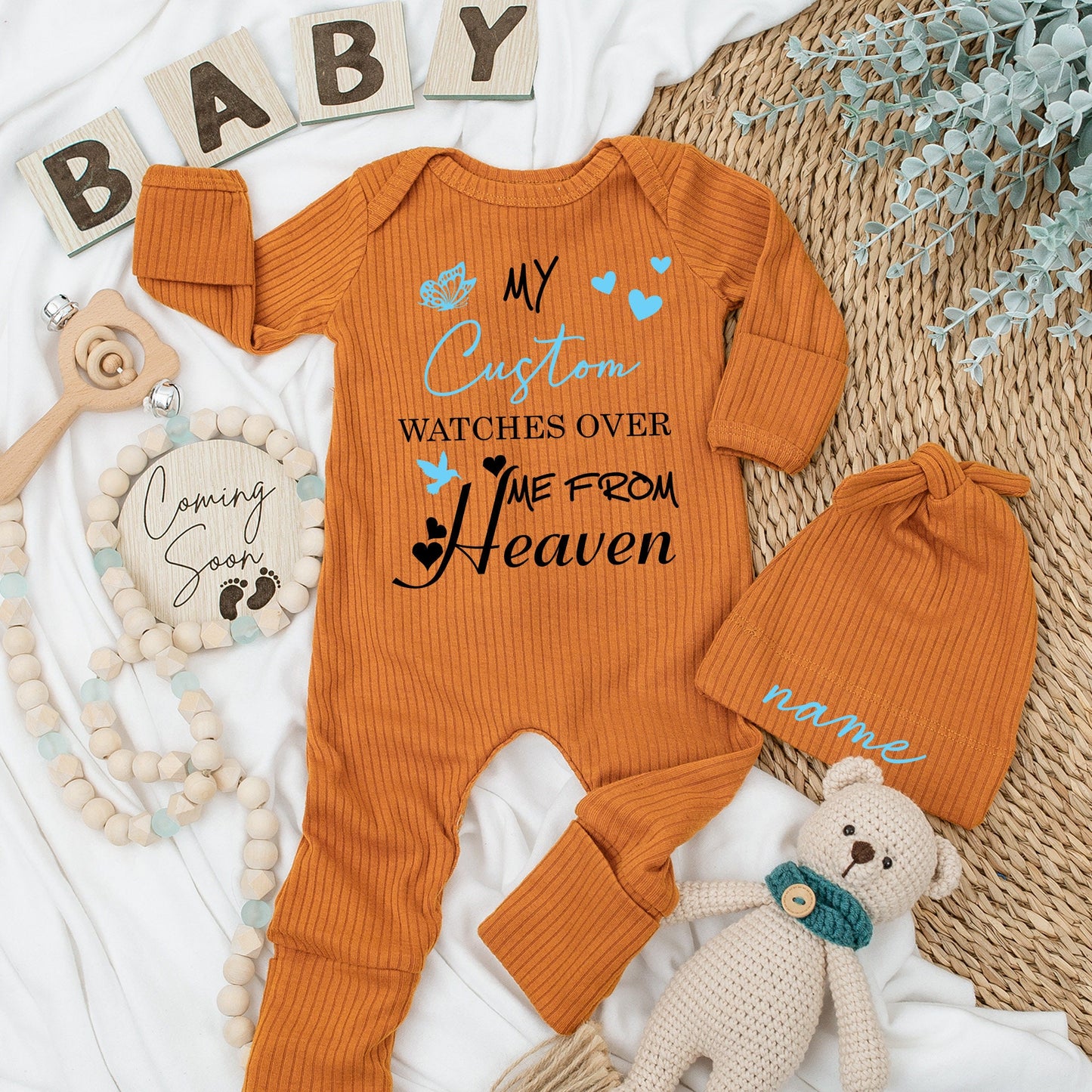 My Custom Name Watches Over Me From Heaven Baby Bodysuit Sweet Sentimental Blue Butterfly Heart Bird Design Newborn Outfit Pregnancy Announcement Gift