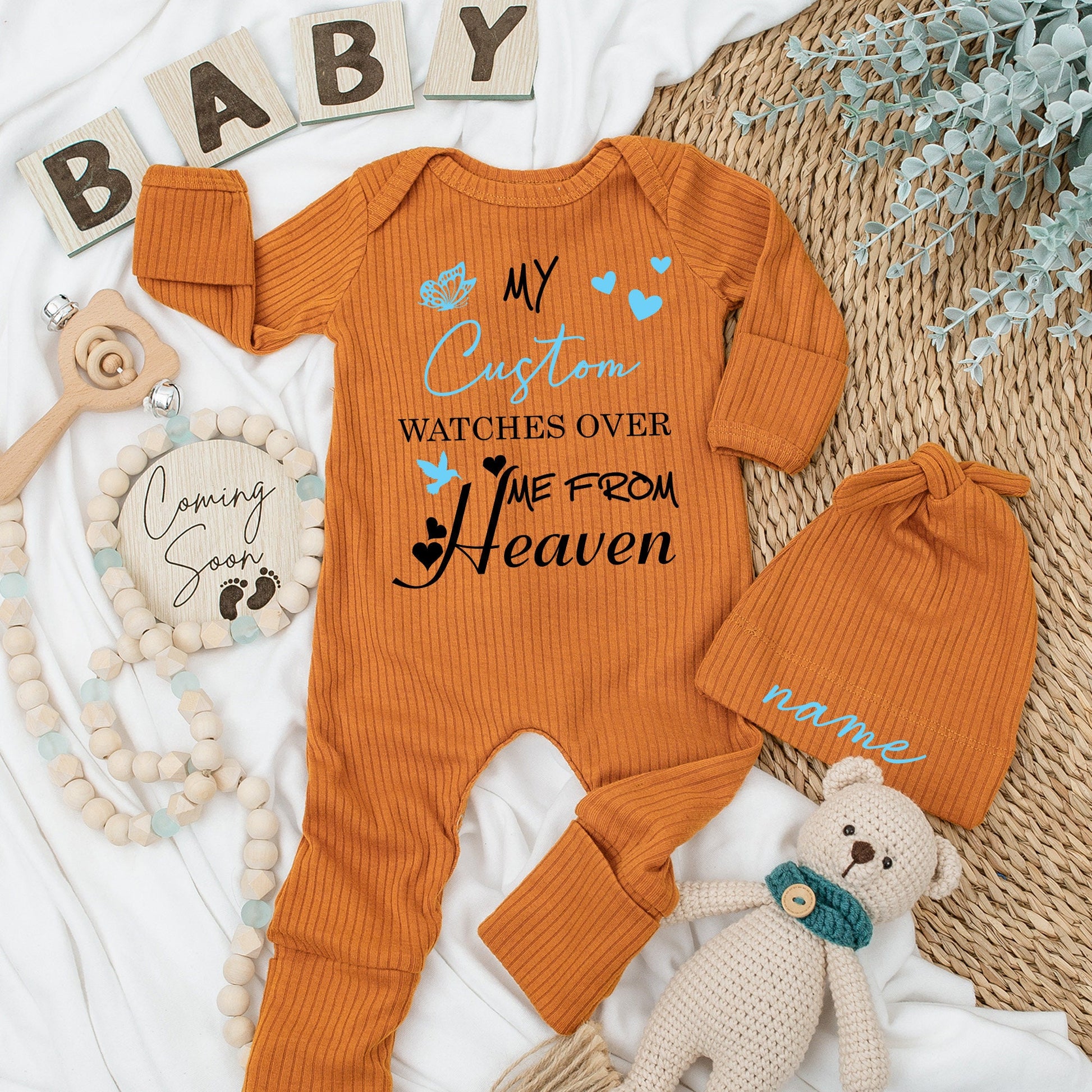 My Custom Name Watches Over Me From Heaven Baby Bodysuit Sweet Sentimental Blue Butterfly Heart Bird Design Newborn Outfit Pregnancy Announcement Gift