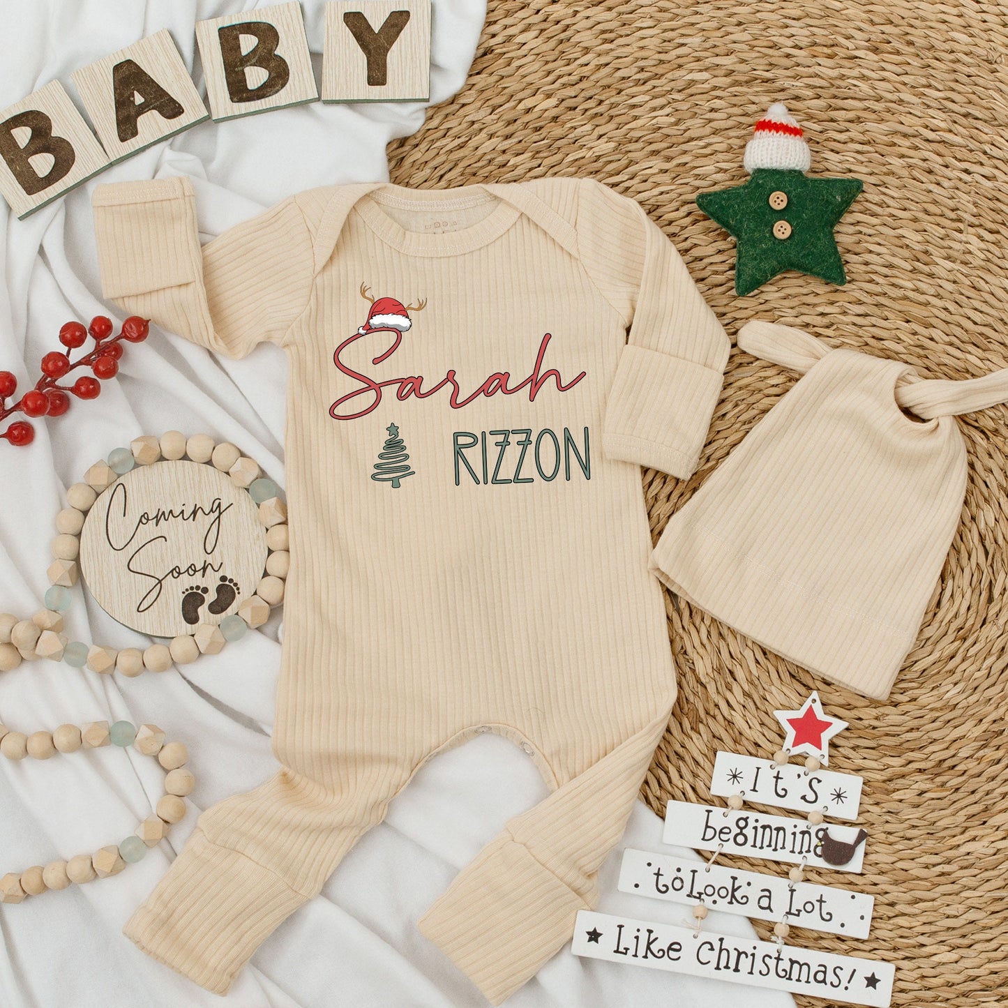 Personalized Sarah Rizzon Christmas Romper Baby Long Sleeve Green Tree Red Santa Hat Soft Going Home Outfit Newborn Gift