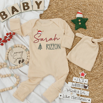 Personalized Sarah Rizzon Christmas Romper Baby Long Sleeve Green Tree Red Santa Hat Soft Going Home Outfit Newborn Gift