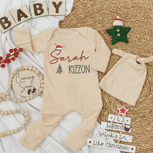 Personalized Sarah Rizzon Christmas Romper Baby Long Sleeve Green Tree Red Santa Hat Soft Going Home Outfit Newborn Gift