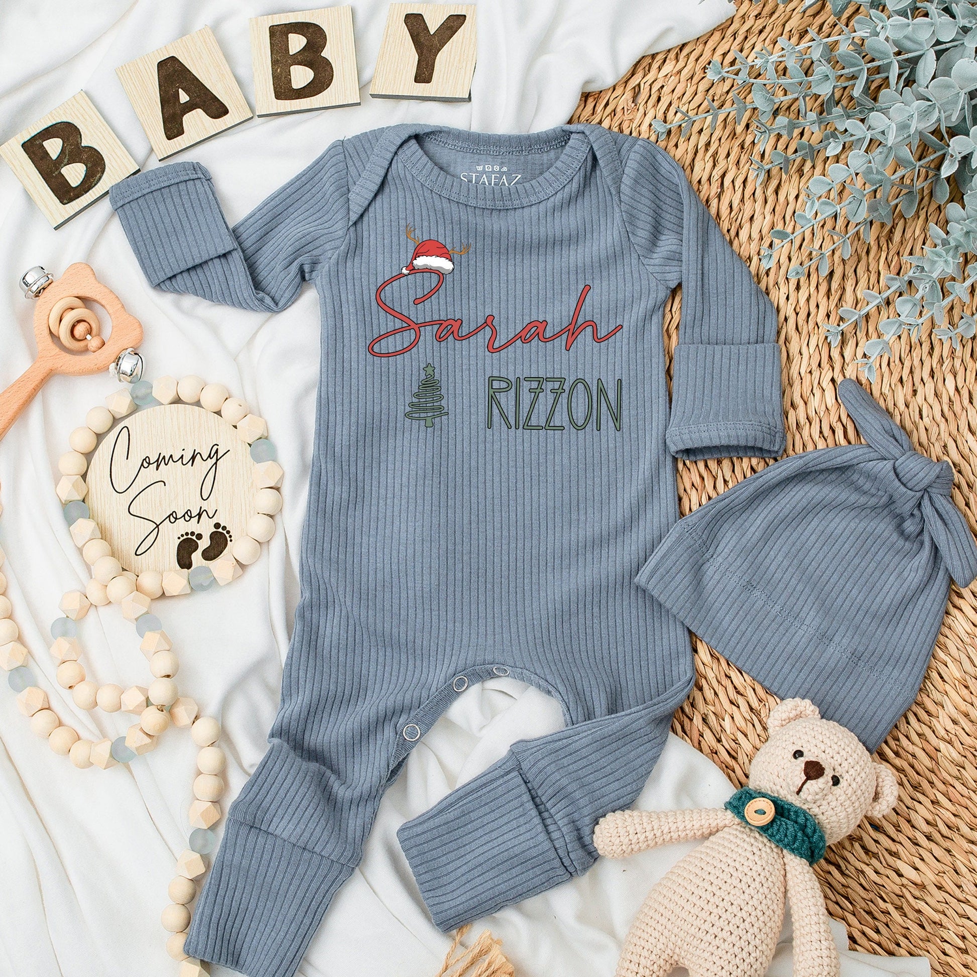 Personalized Sarah Rizzon Christmas Romper Baby Long Sleeve Green Tree Red Santa Hat Soft Going Home Outfit Newborn Gift