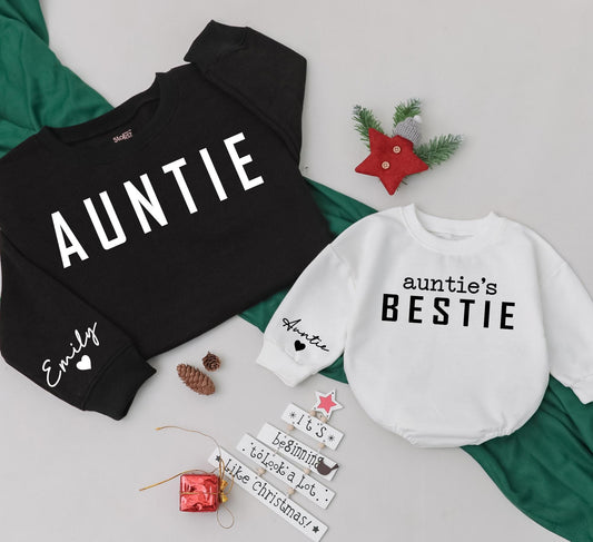 Personalized Auntie's Bestie Matching Romper and Auntie Sweatshirt Set, Custom Name Sleeve, Family Christmas Outfit, Aunt and Niece, Auntie Gift Idea (139 chars)