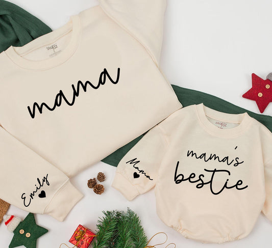 Custom Mama and Bestie Matching Sweatshirt with Name on Sleeve Modern Playful Design Family Gift