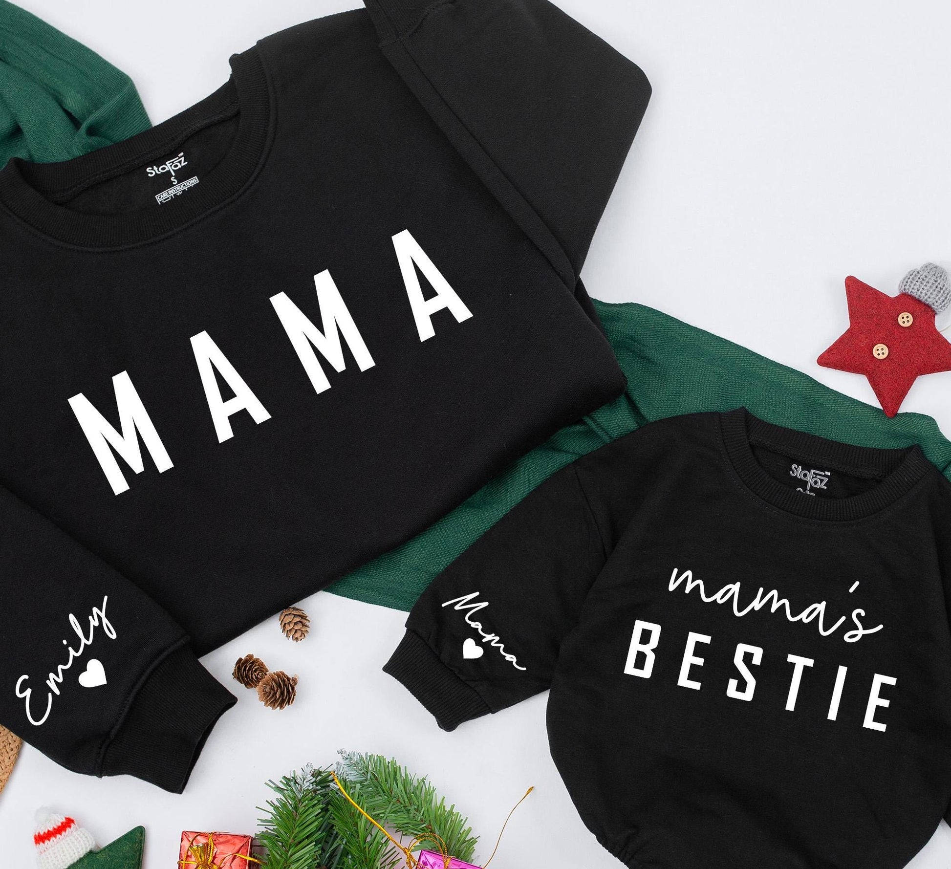 Custom Mama and Baby Bestie Matching Sweatshirt with Name on Sleeve Cozy Cotton Gift for Family Holidays
