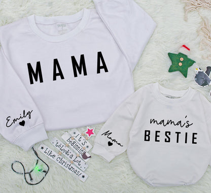 Custom Mama and Baby Bestie Matching Sweatshirt with Name on Sleeve Cozy Cotton Gift for Family Holidays