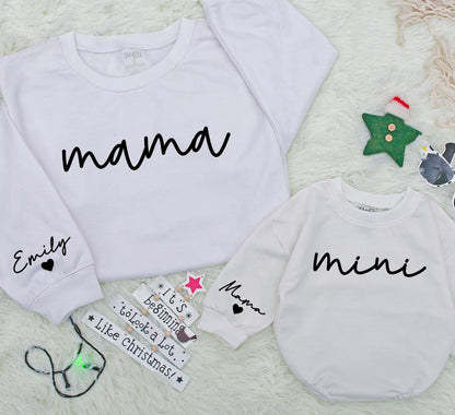 Mama & Mini Matching Sweatshirt Set - Personalized Cursive Name Family Outfits, Custom Baby Girl Romper Gift, Comfortable Mom & Daughter Christmas Clothes