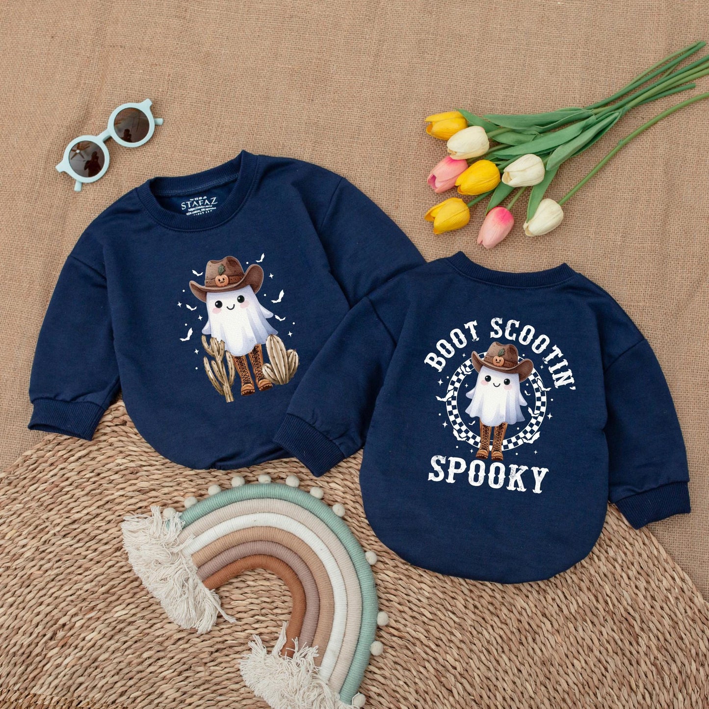Boot Scootin' Spooky Baby Romper Western Ghost Halloween Outfit with Cowboy Hat Jack-o-lantern Vintage Bubble Bodysuit First Halloween Gift
