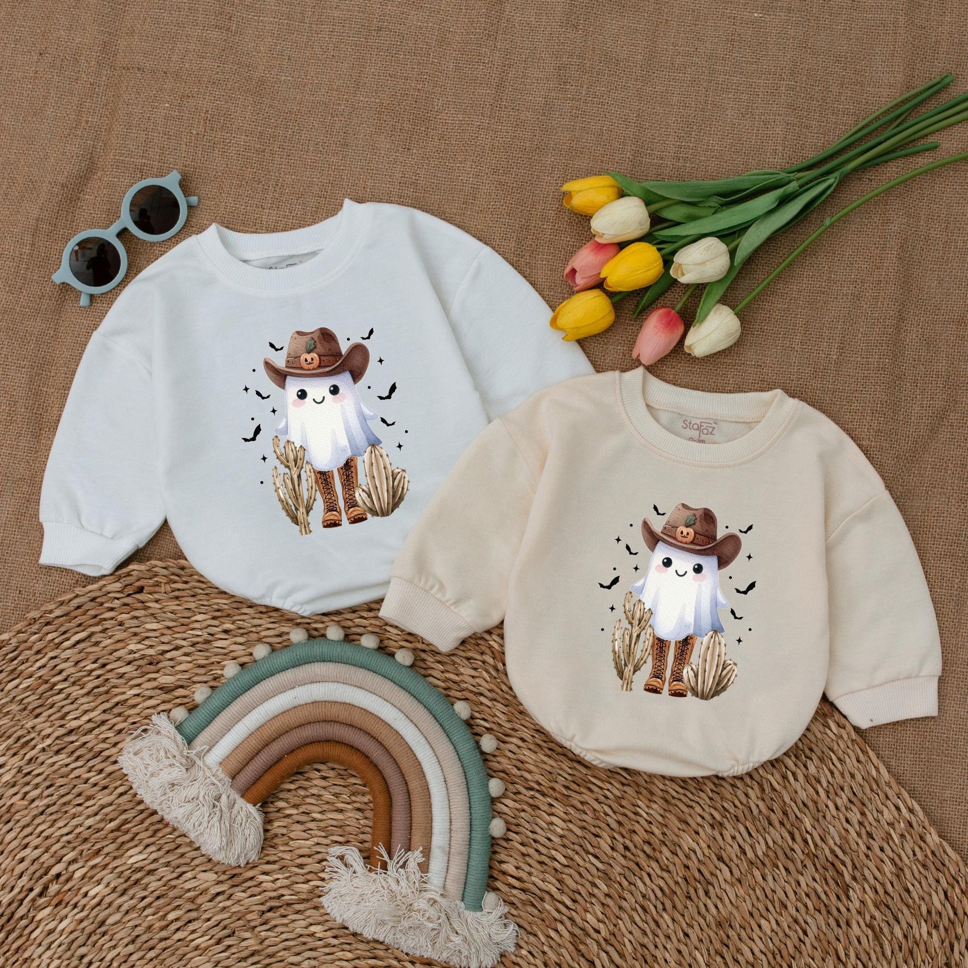 Boot Scootin' Spooky Baby Romper Western Ghost Halloween Outfit with Cowboy Hat Jack-o-lantern Vintage Bubble Bodysuit First Halloween Gift