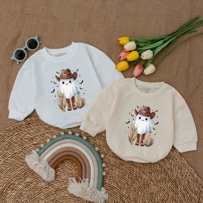 Boot Scootin' Spooky Baby Romper Western Ghost Halloween Outfit with Cowboy Hat Jack-o-lantern Vintage Bubble Bodysuit First Halloween Gift