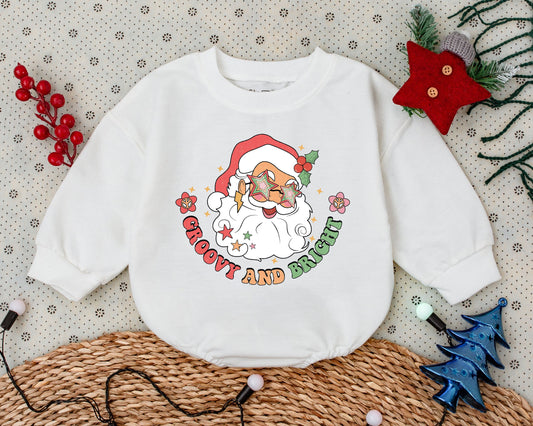 Retro Santa Christmas Outfit: Groovy Baby Romper & Toddler Sweatshirt