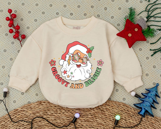 Retro Santa Christmas Outfit: Groovy Baby Romper & Toddler Sweatshirt