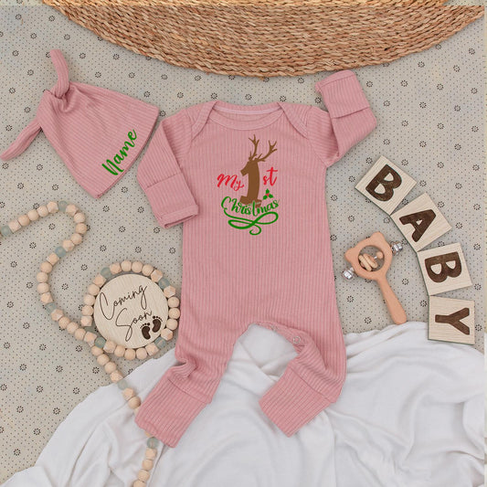 My 1st Christmas Baby Long Sleeve Romper with Reindeer Holly Design, Soft Newborn Festive Holiday Outfit for Boys and Girls, Custom Going Home Gift