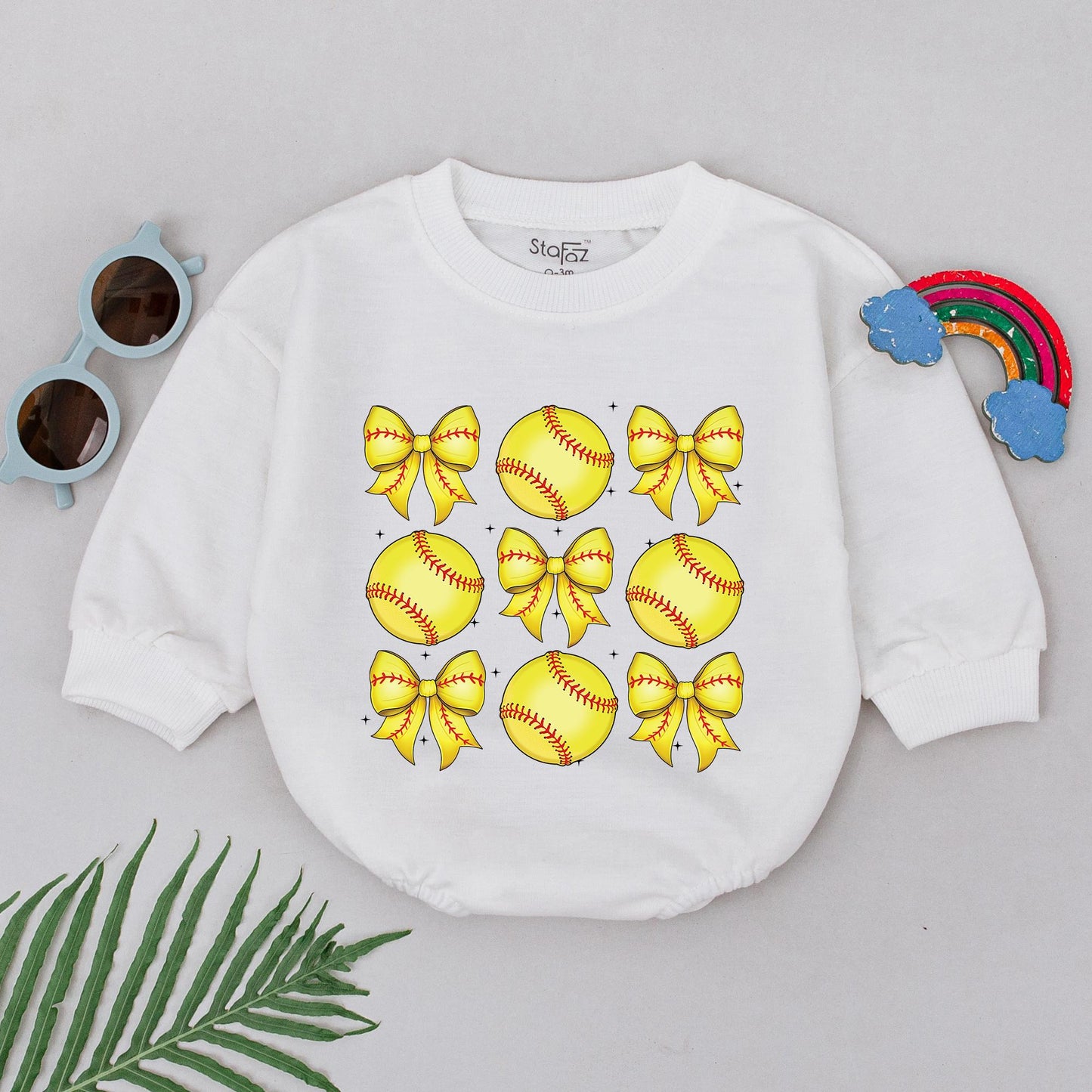 Retro Softball Bow Romper Baby Girl Outfit Yellow and Black Game Day Season Gift Natural Bubble Infant Clothing