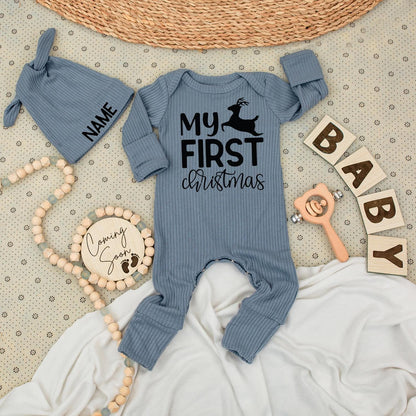 My First Christmas Baby Long Sleeve Romper Black Reindeer Design Soft Festive Newborn Going Home Outfit Boys Girls Holiday Gift Idea