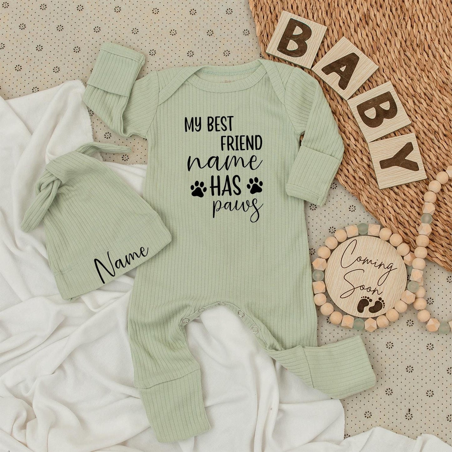 Personalized My Best Friend Has Paws Baby Bodysuit and Hat Set with Name Infant Romper Outfit Newborn Shower Gift Playful Paw Print Design