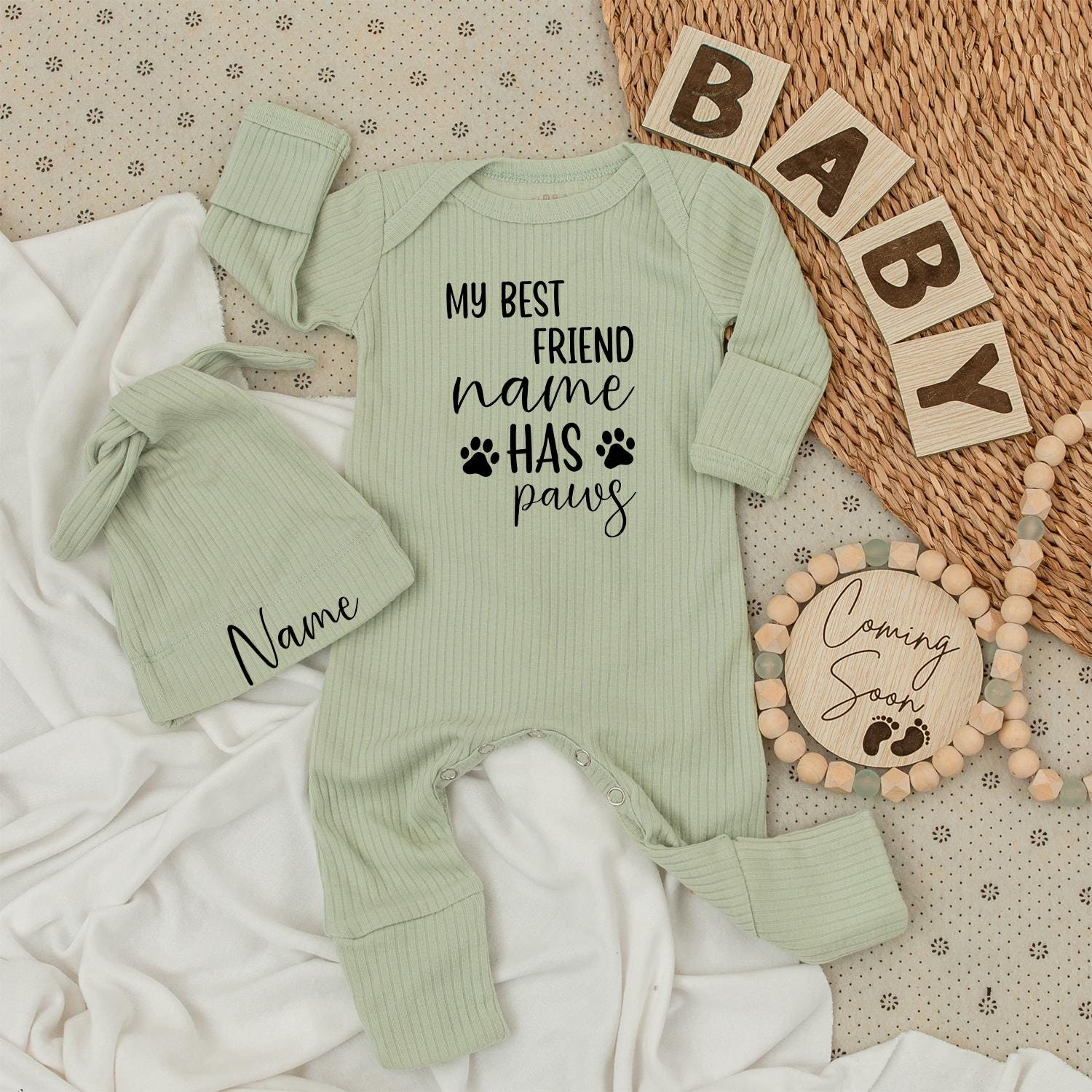 Personalized My Best Friend Has Paws Baby Bodysuit and Hat Set with Name Infant Romper Outfit Newborn Shower Gift Playful Paw Print Design
