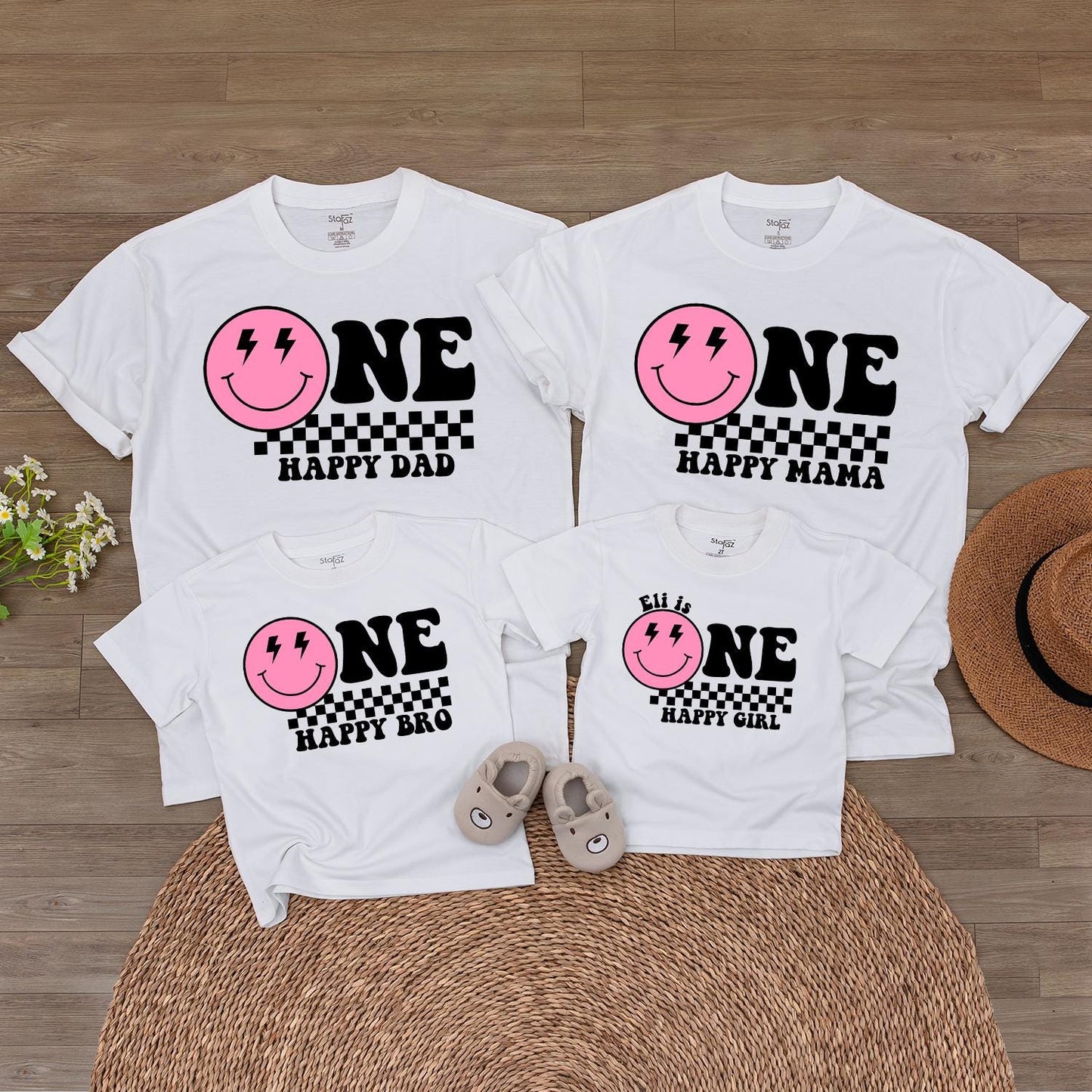 Personalized One Happy Girl First Birthday Bodysuit Pink Smiley Face Lightning Eyes Checkered Print Baby Toddler Outfit