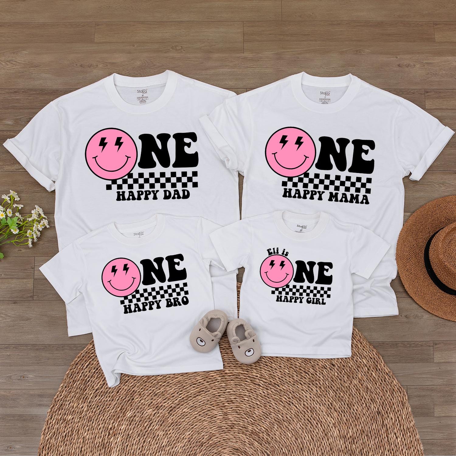 Personalized One Happy Girl First Birthday Bodysuit Pink Smiley Face Lightning Eyes Checkered Print Baby Toddler Outfit