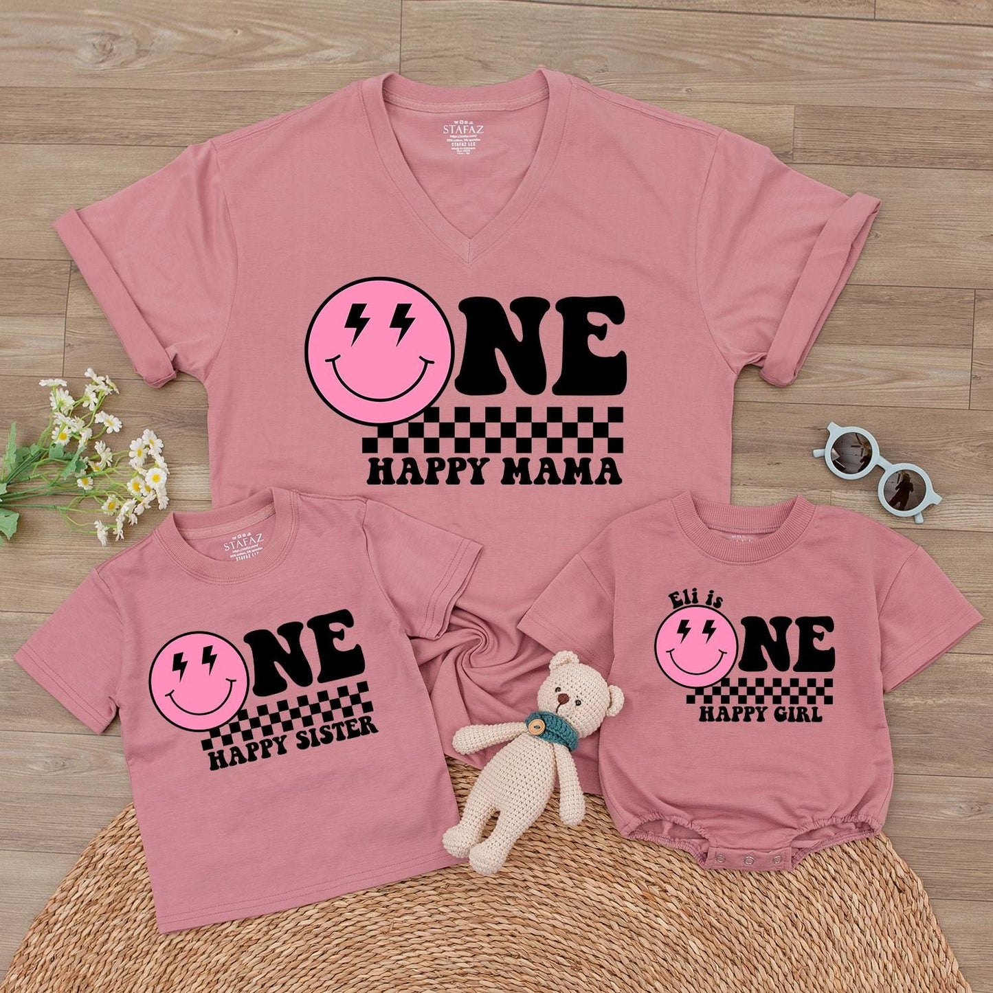 Personalized One Happy Girl First Birthday Bodysuit Pink Smiley Face Lightning Eyes Checkered Print Baby Toddler Outfit
