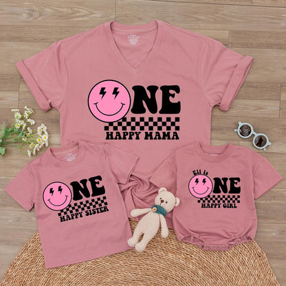 Personalized One Happy Girl First Birthday Bodysuit Pink Smiley Face Lightning Eyes Checkered Print Baby Toddler Outfit