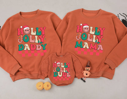 Retro Holly Jolly Matching Family Christmas Sweatshirts Dude, Mama, Daddy Outfit Personalized