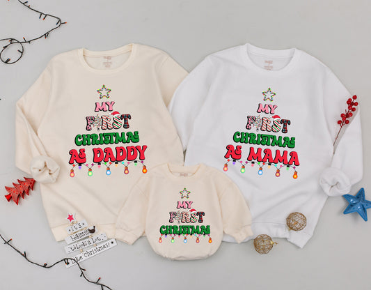 Cheerful My First Christmas Matching Family Sweatshirt Outfit for Baby Daddy Mama with Colorful Star Lights Leopard Print Accents