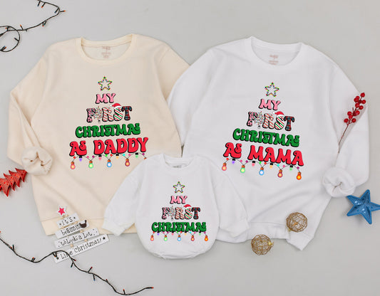 Cheerful My First Christmas Matching Family Sweatshirt Outfit for Baby Daddy Mama with Colorful Star Lights Leopard Print Accents