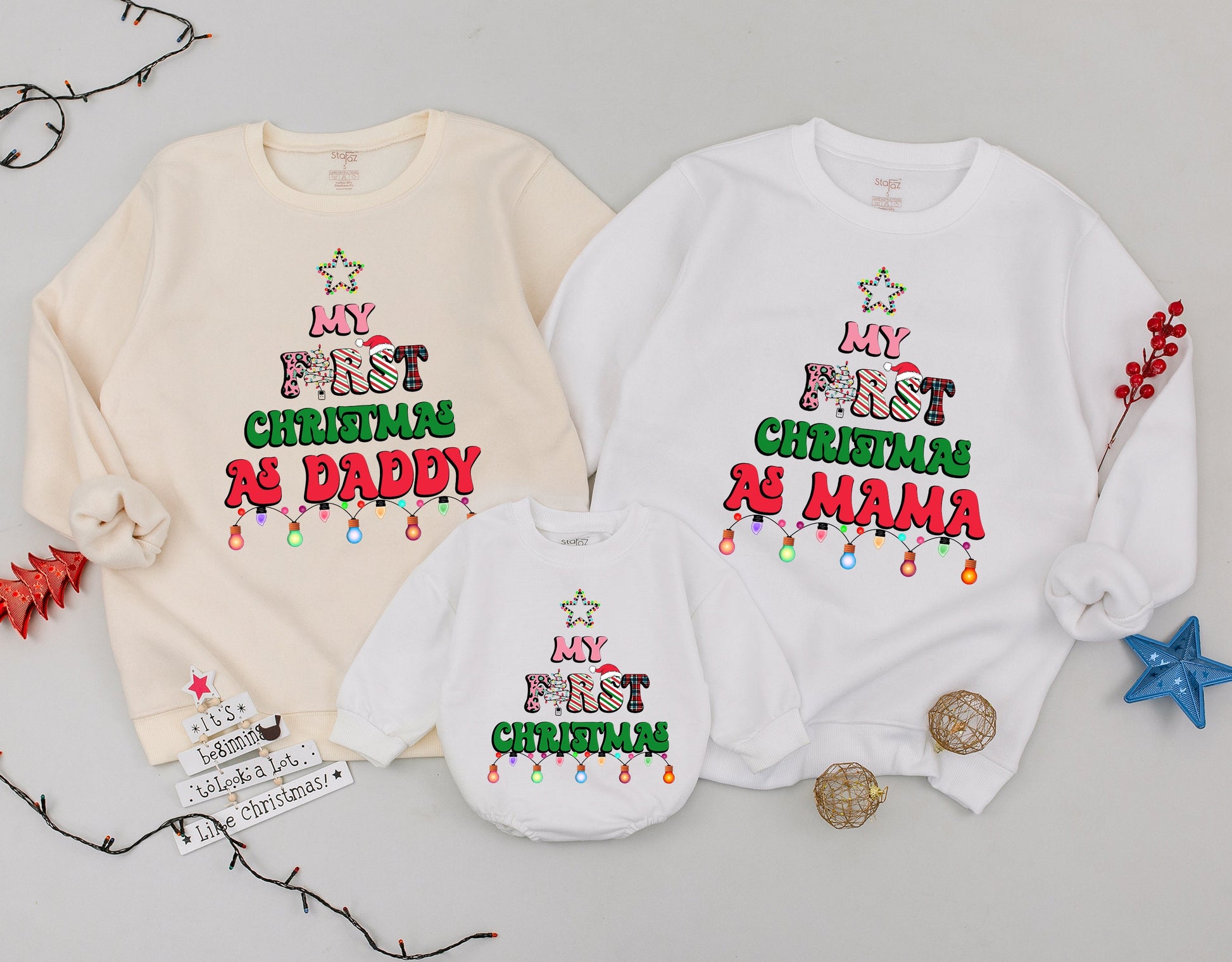 Cheerful My First Christmas Matching Family Sweatshirt Outfit for Baby Daddy Mama with Colorful Star Lights Leopard Print Accents