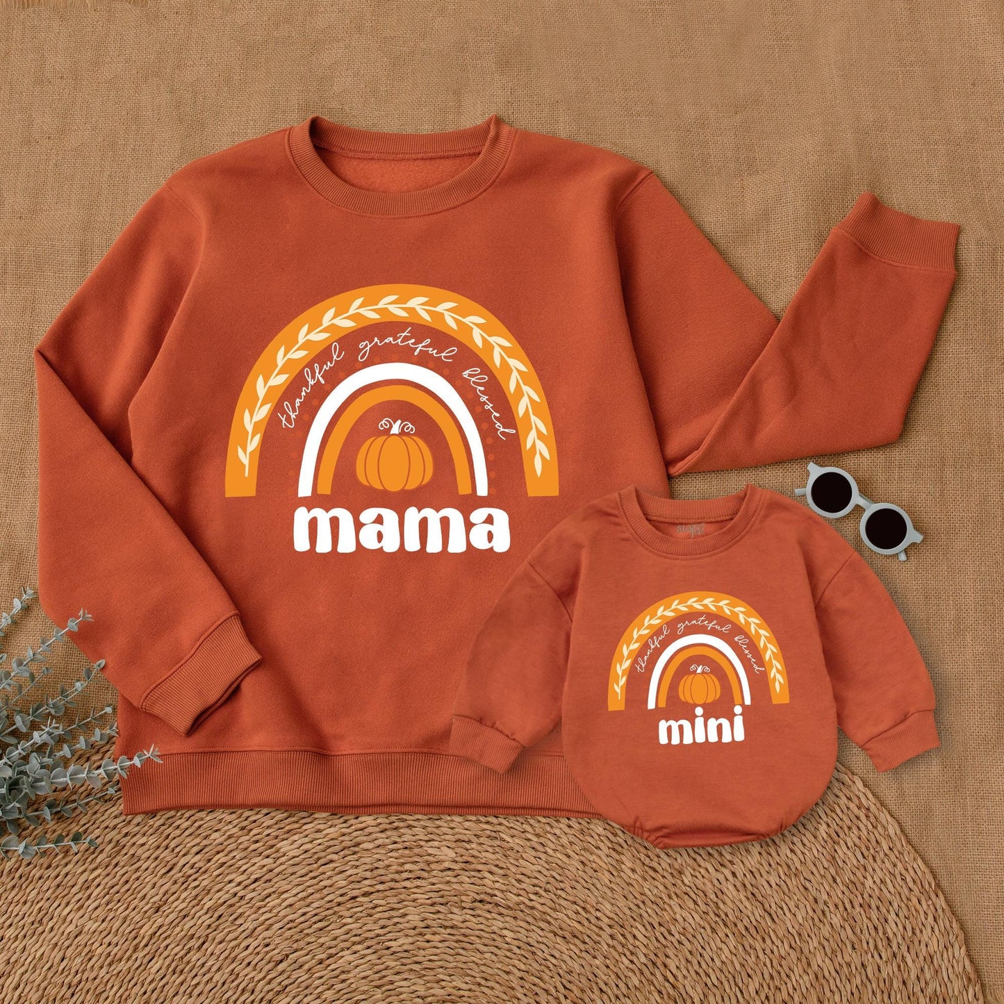Mommy and Me Thanksgiving Sweatshirt Rainbow Pumpkin Design Thankful Grateful Blessed Family Matching First Holiday Outfits Soft Comfortable