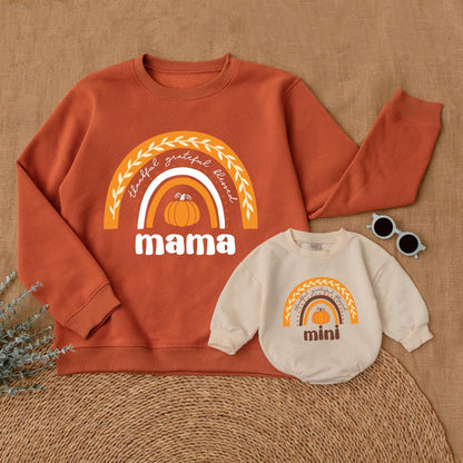 Mommy and Me Thanksgiving Sweatshirt Rainbow Pumpkin Design Thankful Grateful Blessed Family Matching First Holiday Outfits Soft Comfortable