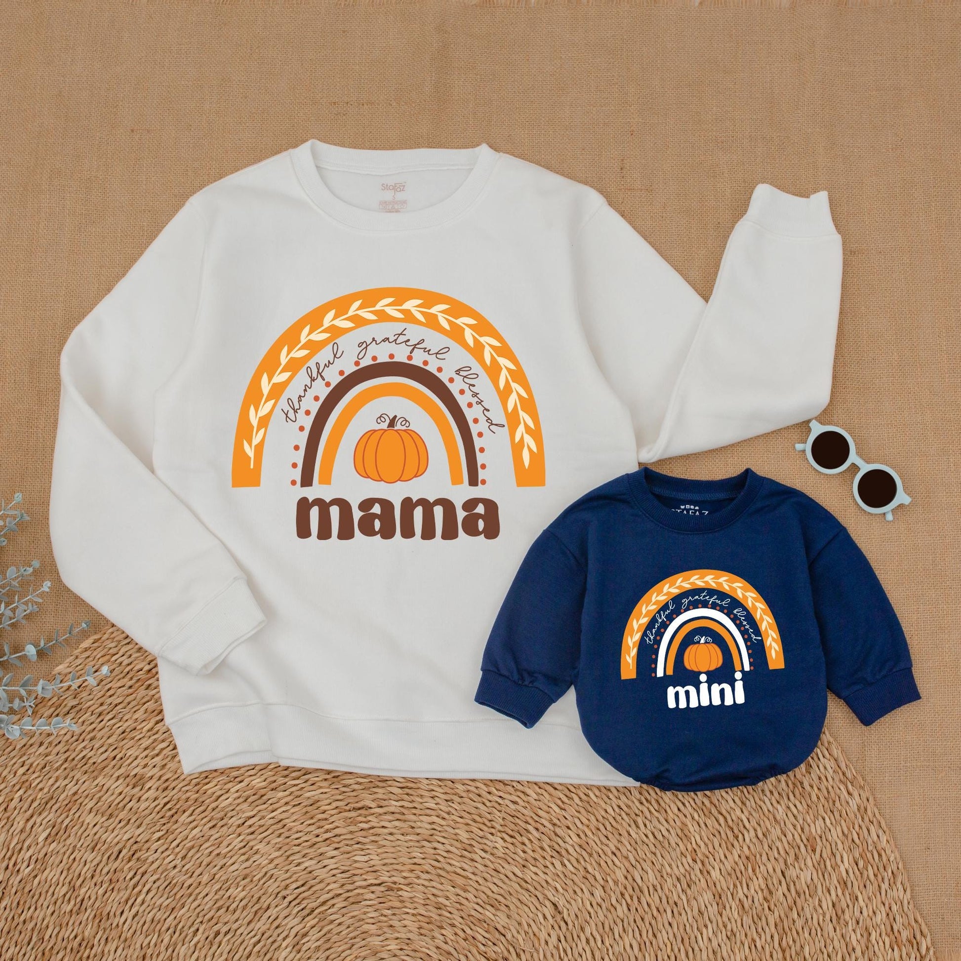 Mommy and Me Thanksgiving Sweatshirt Rainbow Pumpkin Design Thankful Grateful Blessed Family Matching First Holiday Outfits Soft Comfortable