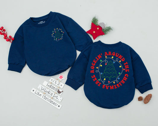 Rockin' Around The Christmas Tree Baby Bubble Romper Vintage First Christmas Gift Newborn Outfit Multi-Colored Lights