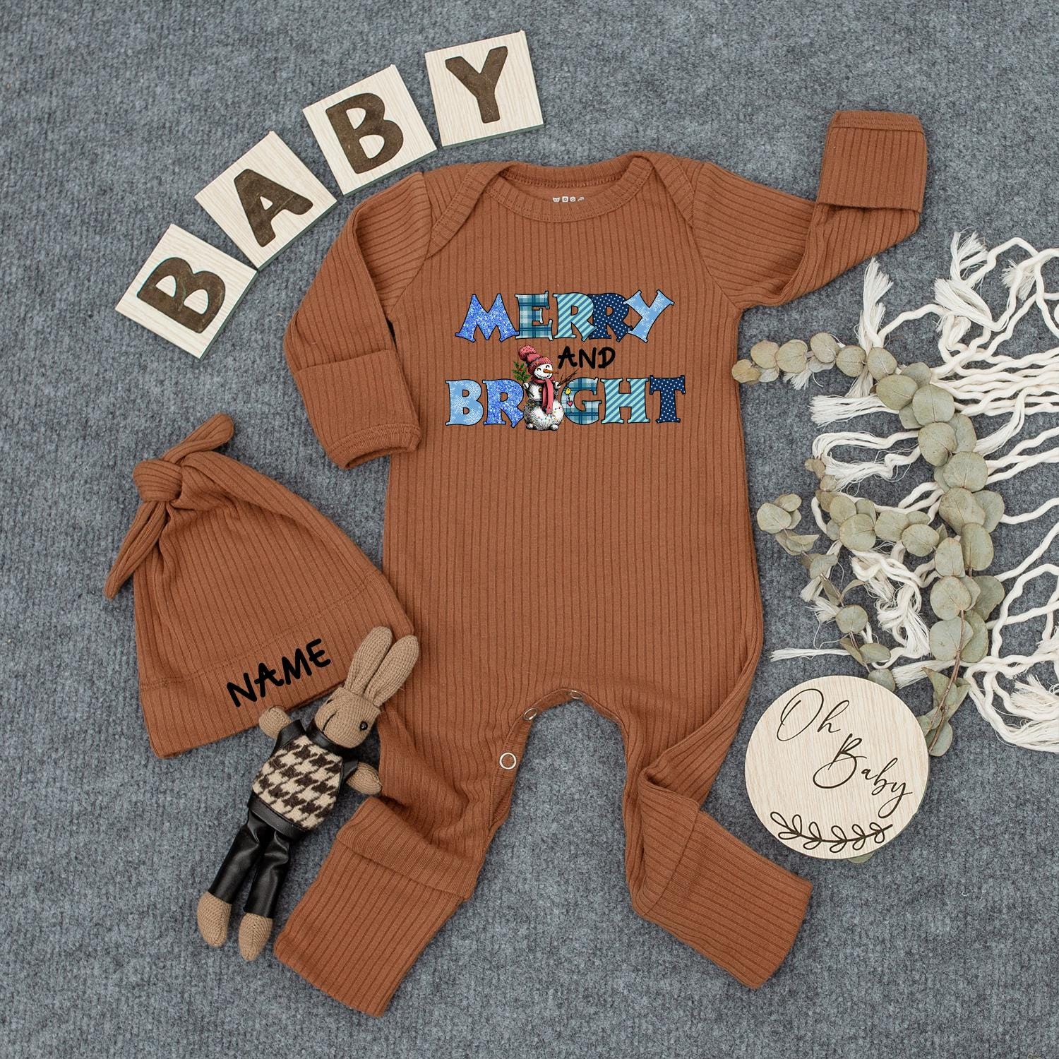 Merry and Bright Snowman Baby Bodysuit First Christmas Outfit Blue Plaid Polka Dot Holiday Clothes Newborn Gift Coming Home Outfit Xmas Long Sleeve 139