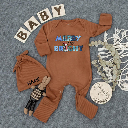 Merry and Bright Snowman Baby Bodysuit First Christmas Outfit Blue Plaid Polka Dot Holiday Clothes Newborn Gift Coming Home Outfit Xmas Long Sleeve 139