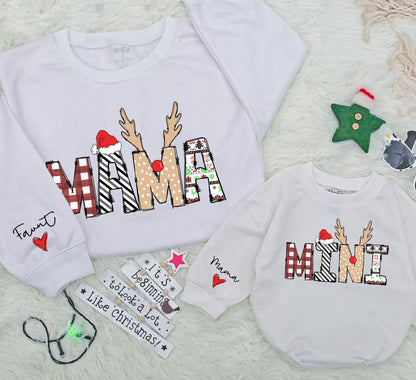 Festive Mama and Mini Sweatshirt Matching Christmas Outfits Buffalo Plaid Reindeer Antlers Santa Hat Playful Family Gift