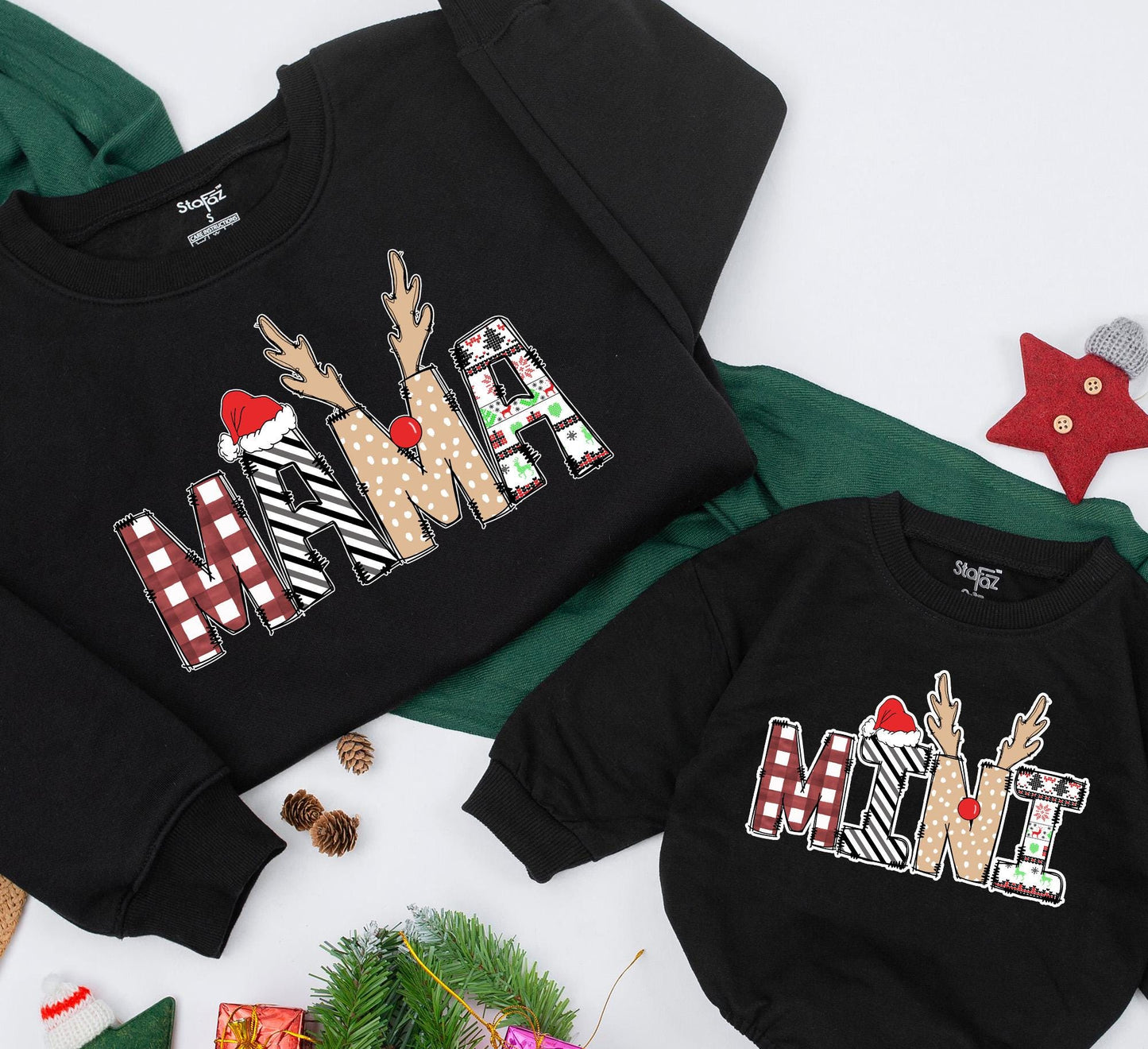 Festive Mama and Mini Sweatshirt Matching Christmas Outfits Buffalo Plaid Reindeer Antlers Santa Hat Playful Family Gift