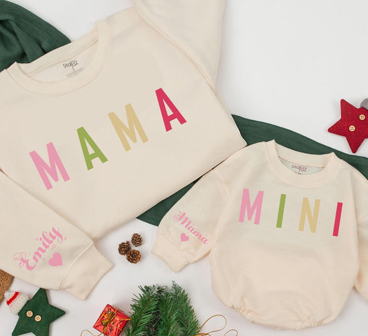 Personalized Pastel Mama Mini Matching Sweatshirts Emily Sleeve Heart Cozy Family Outfits Christmas Gift