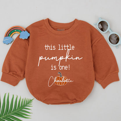 Personalized This Little Pumpkin Is One Romper Charlotte Baby Girl First Birthday Outfit Retro Thanksgiving Gift Shower