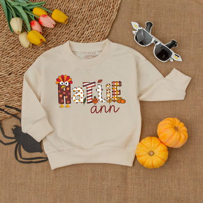 Personalized First Thanksgiving Toddler Sweatshirt, Decorative Fall Turkey Pumpkin Design Kid Outfit, Autumn Harvest Celebration Apparel