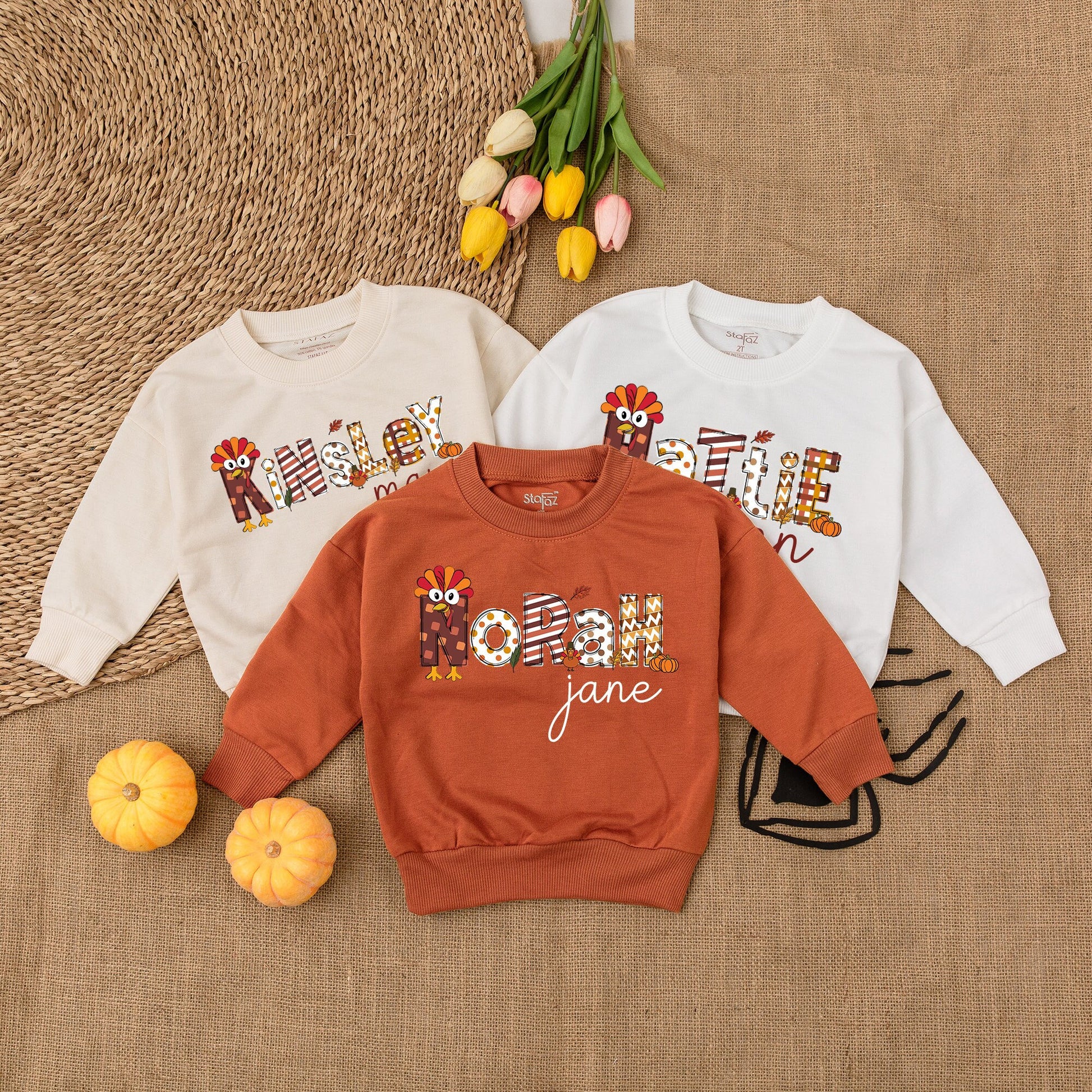 Personalized First Thanksgiving Toddler Sweatshirt, Decorative Fall Turkey Pumpkin Design Kid Outfit, Autumn Harvest Celebration Apparel