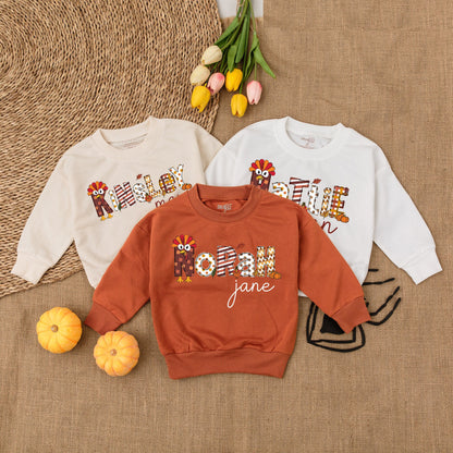 Personalized First Thanksgiving Toddler Sweatshirt, Decorative Fall Turkey Pumpkin Design Kid Outfit, Autumn Harvest Celebration Apparel
