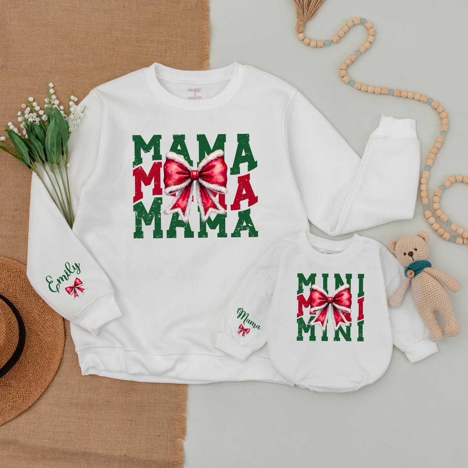 Matching Mama & Mini Christmas Sweaters, Baby Bodysuit Gift Set